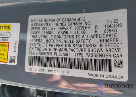 2023 Honda Civic Sport z USA, uszkodzony, nr VIN 2HGFE2F51PH501061